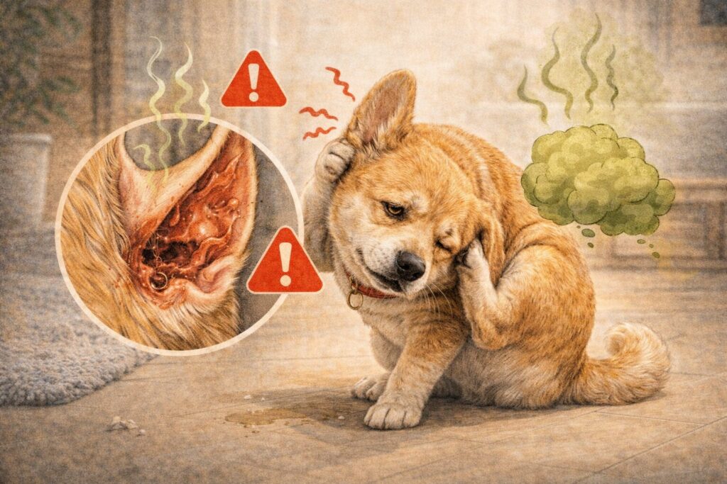 강아지가 귀를 계속 긁을 때, 냄새가 나면 바로 확인해야 한다