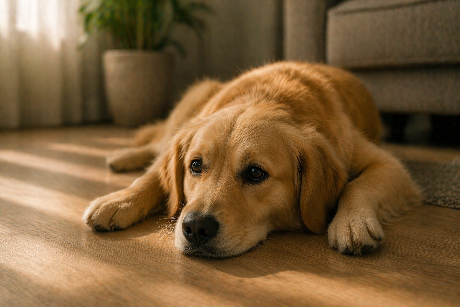 강아지가 배를 바닥에 붙이고 자주 엎드릴 때, 복부 불편감일 수 있다