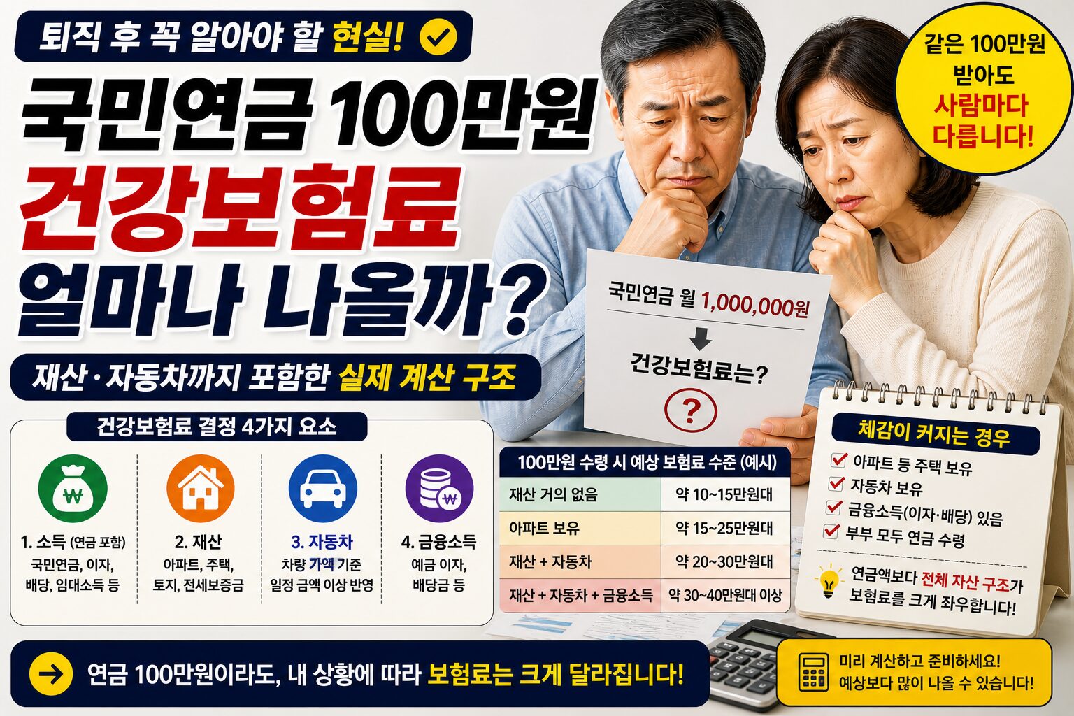 국민연금 100만 원 받으면 건강보험료 얼마 나오나? 재산·자동차까지 포함한 실제 계산 구조