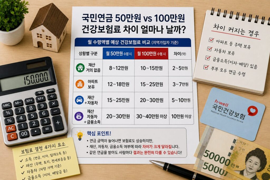 국민연금 50만 원 vs 100만 원 건강보험료 차이 얼마나 날까? 실제 체감 구간 비교